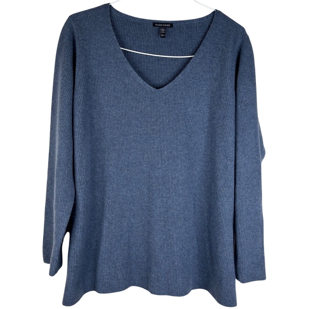 Eileen Fisher Sweater Womens L Blue 100% Cashmere Ribbed V-Neck Long Sleeve Top